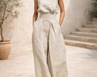 Conjunto de verano de dos piezas para mujer: top sin mangas + pantalón ancho y fluido, de talle alto con bolsillos.
