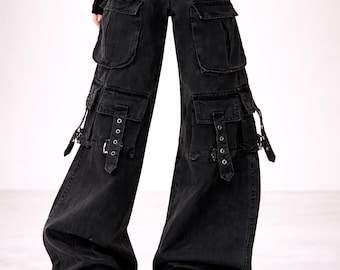 Schwarze Damen-Jeans mit hohem Bund im Y2K-Stil – Vintage-Style, lockere Passform, weites Bein, Streetwear-Grunge-Harajuku-Hose