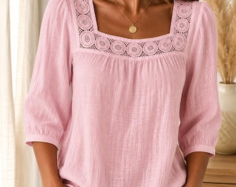 Este top sexy para mujer realza tu estilo vintage con su escote cuadrado y mangas tres cuartos.