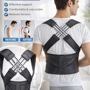 May include: Black posture corrector with adjustable straps and back support. The image shows the product and a person wearing it. Text on the image reads: Adjustable Posture Corrector, Back & Shoulder Support, Effective support, Comfortable & adjustable, Relieves tension.