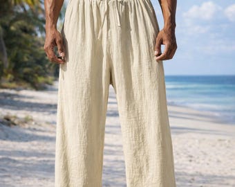 Pantalon homme en coton et lin offre confort décontracté avec coupe droite et taille à cordon grande taille