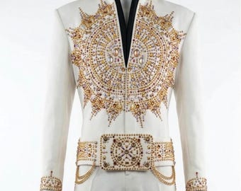 Elvis Presley Reproduction Sundial Golden White Jumpsuit and Belt As Worn On Stage-Gift.
