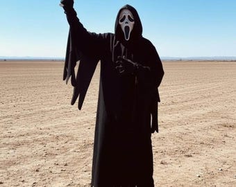 Túnica de cara fantasmal gritadora, capa negra con capucha de la Parca, disfraz de cosplay de Halloween