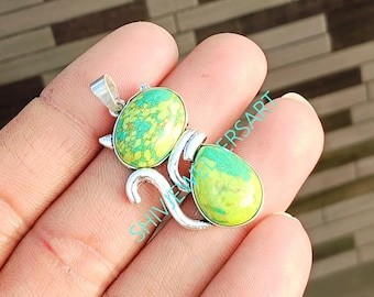 Handgemaakte groen koperen turkoois edelsteen hanger 925 sterling verzilverde kat hanger sieraden