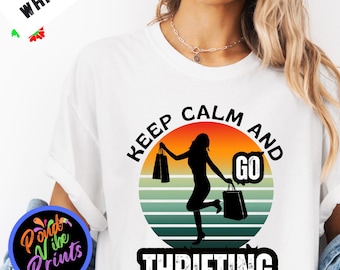 Camiseta vintage genial para ir de compras, mantener la calma y comprar en tiendas de segunda mano, regalo para amantes de las tiendas de segunda mano, camiseta gráfica divertida