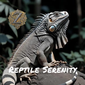 Könnte beinhalten: Detaillierte Abbildung einer großen Leguan mit grauen und weißen Schuppen, der auf einem dunklen Felsen sitzt. Der Leguan blickt nach oben, mit dem Text "Reptile Serenity" unten. Ein dekoratives goldenes Emblem mit dem Buchstaben "Z" befindet sich in der oberen linken Ecke.