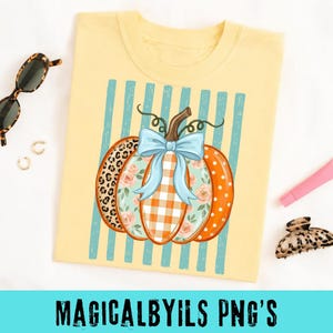 Striped Blue Bow Pumpkin PNG, Preppy Fall Pumpkin, Floral Leopard Buffalo Plaid Autumn Pumpkin Sublimation Design (Digital Download)
