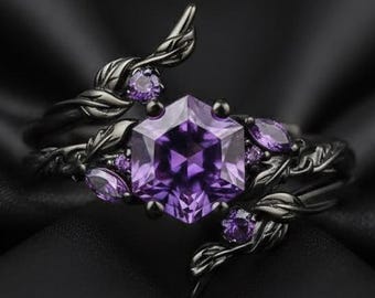 Anillo de hoja de amatista hexagonal, anillo gótico de plata de ley con diseño de vid