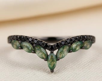 Moosachat Chevron Ring • Marquise Cut, Schwarz Rhodium Sterling Silber