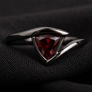 Trillion Cut Garnet Bypass Ring, Black Rhodium Sterling Silver Statement Ring