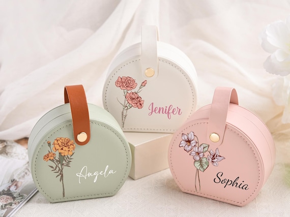 Personalized Vegan Leather Jewelry Box: Custom Birth Flower Design