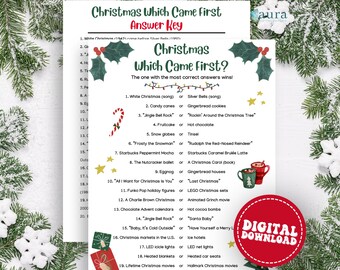 May include: A printable Christmas game sheet titled "Christmas Which Came First?" with an answer key. The design includes holly, candy canes, and a "Digital Download" sticker. The game tests knowledge of Christmas trivia.