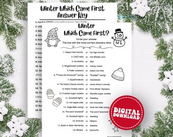 May include: Two white sheets of paper with the text "Winter Which Came First?" and an answer key. The sheets have winter-themed illustrations and a red "Digital Download" sticker. The background includes pine branches and snowflakes.