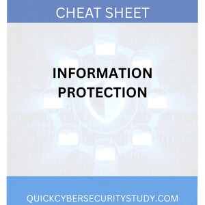 Puede incluir: Un gráfico azul y blanco titulado "Cybersecurity Cheat Sheet" con las palabras "Information Protection" en negrita negra. La imagen incluye un icono de escudo e iconos de carpetas. El sitio web quickcybersecuritystudy.com está en la parte inferior.