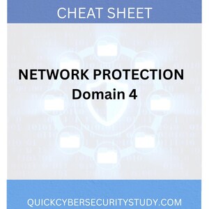 May include: A white and blue cybersecurity cheat sheet with the text "CYBERSECURITY CHEAT SHEET" at the top. The sheet features the words "NETWORK PROTECTION Domain 4" and a website address at the bottom.
