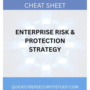 May include: A blue and white graphic titled "Cybersecurity Cheat Sheet" with the text "Enterprise Risk & Protection Strategy." The image includes a circular design with file folder icons and the website address quickcybersecuritystudy.com.
