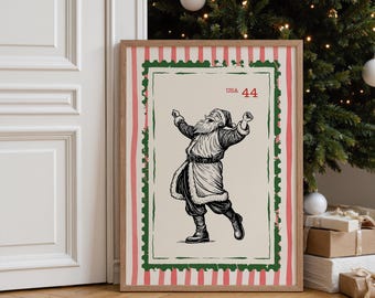 Dancing Santa Print | Retro Christmas Wall Decor | Vintage Santa Stamp Poster | Farmhouse Xmas Poster | Vintage Santa Print