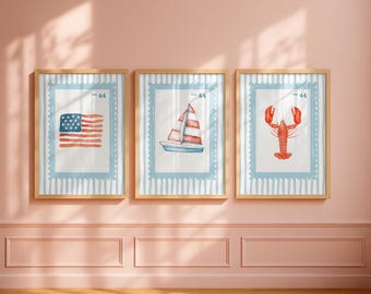 Coastal Print Set | Beachy Aesthetic Wall Art | Watercolor Nautical Prints | Coastal Grandmother Decor | Beach Cottage Wall Art