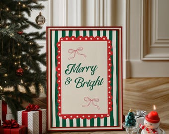 Merry & Bright Christmas Print | Vintage Christmas Wall Art | Whimsical Holiday Poster | Trendy Christmas Prints | Cute Christmas Art Print