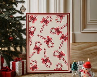 Candy Cane Print | Christmas Bows Print | Coquette Christmas Wall Art | Girly Christmas Art | Pink Bow Print | Preppy Christmas Decor