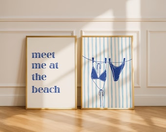 Lámina con estampado de bikini tendedero / Póster "Nos vemos en la playa" / Lámina de bikini azul marino / Decoración preppy coqueta / Póster costero / Lámina playera femenina