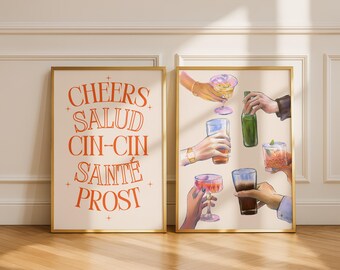 Juego de impresiones de bebidas Cheers / Póster de Cin Cin / Arte mural con copas de cóctel coloridas / Decoración retro de carrito de bar / Impresiones de cocina moderna / Póster de bebidas