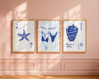 Meet Me at the Beach-print | Muurkunst cowgirl kust | Set strandprint | Poster met zeeschelpbikini | Trendy preppy kustdecor | Strandhuis