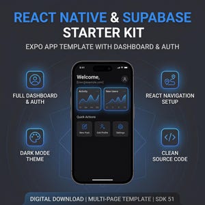 Kit di avvio Supabase per React Native / Modello di app Expo / Codice sorgente dell'app mobile / Navigazione React / Interfaccia utente in modalità scura / Download digitale