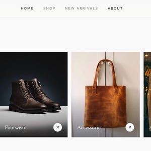 May include: A website interface for Maison featuring four categories: Outerwear showing a tan coat, Footwear displaying brown leather boots, Accessories featuring a brown leather tote bag, and Apparel showing a rack of hanging clothing items.