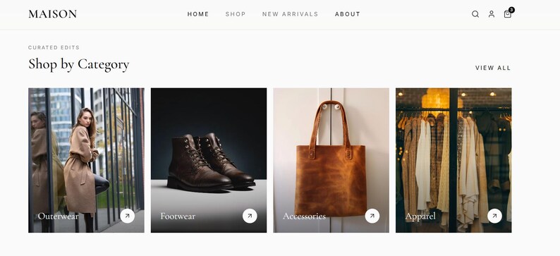 May include: A website interface for Maison featuring four categories: Outerwear showing a tan coat, Footwear displaying brown leather boots, Accessories featuring a brown leather tote bag, and Apparel showing a rack of hanging clothing items.