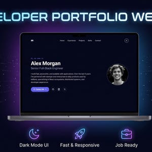 May include: A laptop displaying a dark mode developer portfolio website for Alex Morgan, a Senior Full-Stack Engineer. The screen shows navigation links, a profile photo, and project details. Below are icons for Dark Mode UI, Fast & Responsive, and Job Ready, with a neon sign stating WE BUILD IT FOR YOU! (Ready in 48H).