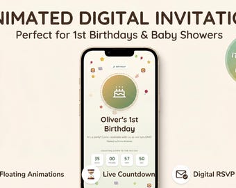 Digitale Einladung zur Babyparty | Individuelle Geburtstagswebsite mit RSVP | Fertige E-Einladung | Animierte Partyeinladung | Mobile Website zum 1. Geburtstag