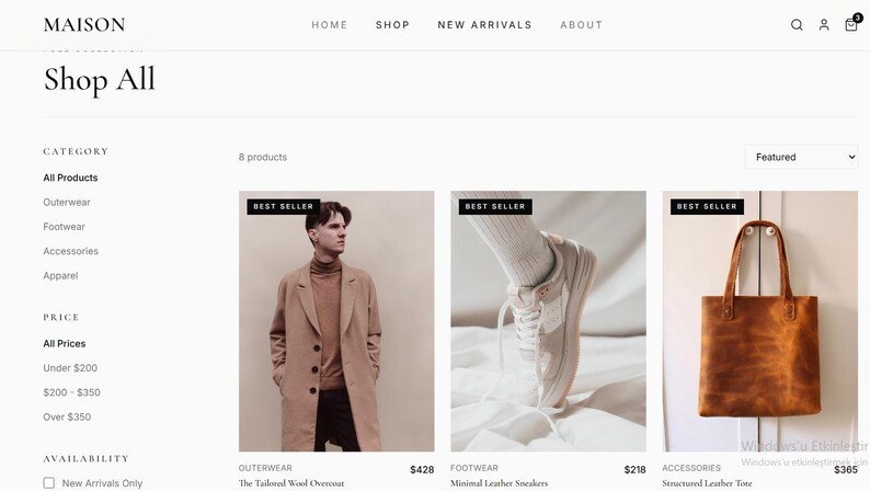 May include: A website interface for Maison featuring a shop page with three product listings: a tan wool overcoat, a white leather sneaker, and a brown leather tote bag. Each item is labeled as a best seller with prices listed in US dollars.