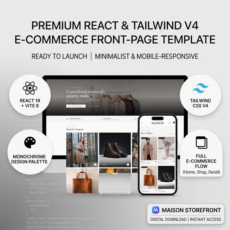 May include: A digital template for an e-commerce website featuring a desktop monitor and smartphone displaying a store interface. Text includes PREMIUM REACT & TAILWIND V4 E-COMMERCE FRONT-PAGE TEMPLATE, REACT 19 + VITE 8, TAILWIND CSS V4, and MAISON STOREFRONT.
