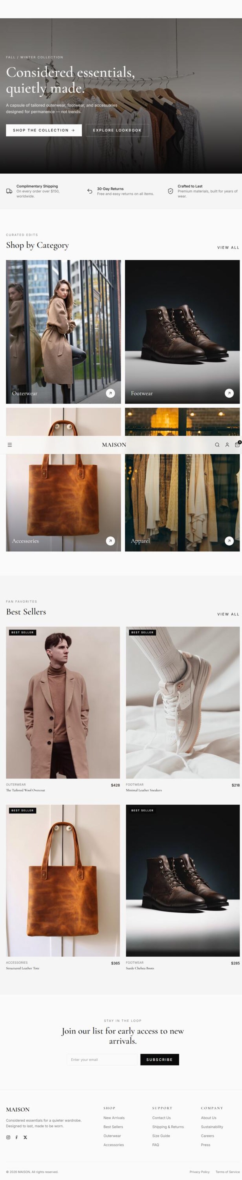 May include: A website landing page for Maison featuring a collection of apparel, footwear, and accessories. The layout includes sections for shop by category, best sellers, and a newsletter signup, showcasing items like a wool overcoat and leather tote.