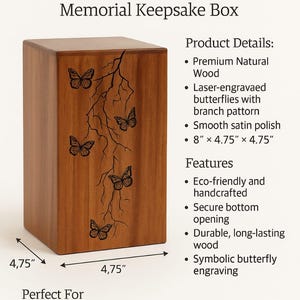 Puede incluir: Urna de mariposa de madera hecha a mano, una caja de recuerdos conmemorativa. La caja es de madera natural y presenta mariposas grabadas con l&aacute;ser con un patr&oacute;n de ramas. Dimensiones: 20.3 cm x 12.1 cm x 12.1 cm.