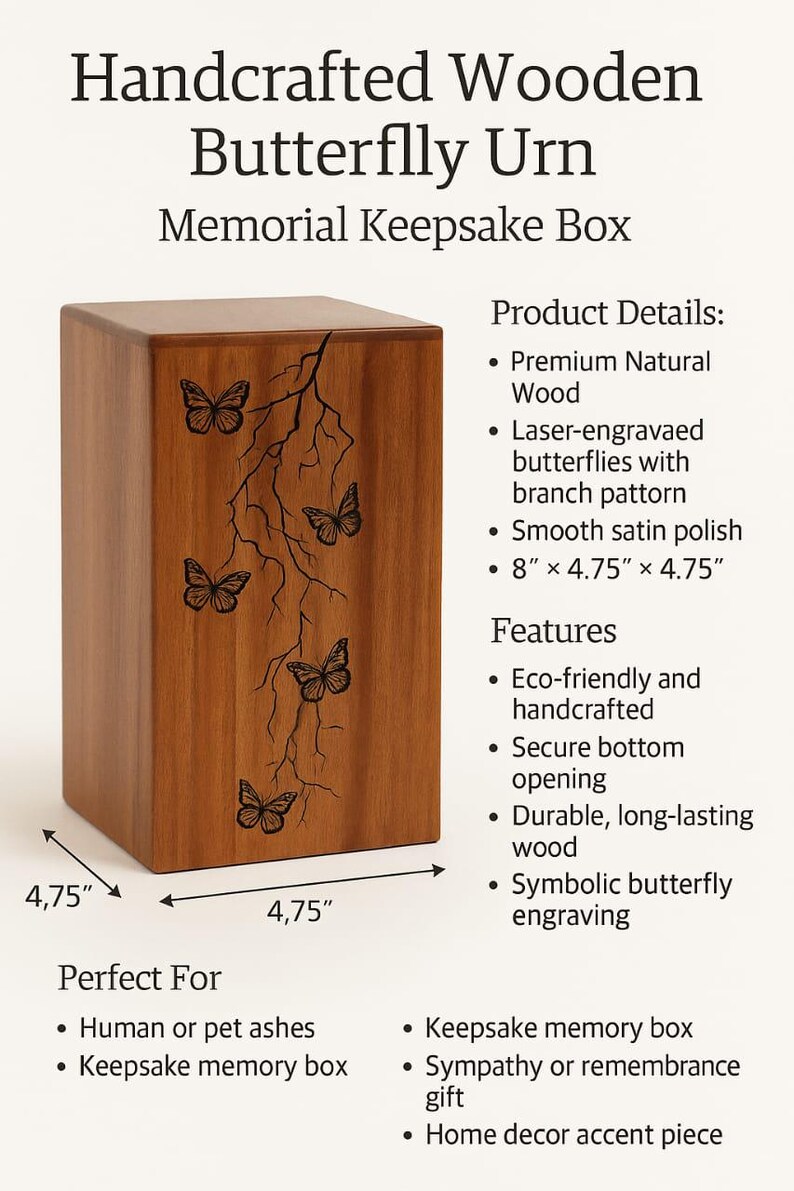 Puede incluir: Urna de mariposa de madera hecha a mano, una caja de recuerdos conmemorativa. La caja es de madera natural y presenta mariposas grabadas con l&aacute;ser con un patr&oacute;n de ramas. Dimensiones: 20.3 cm x 12.1 cm x 12.1 cm.