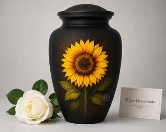 May include: A matte black cremation urn featuring a vibrant yellow sunflower illustration on the front. The urn has a removable lid and is accompanied by a white rose and a small rectangular card with the text ISEverGraceStudio printed on it.