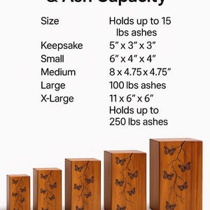 Puede incluir: Urnas de madera de varios tama&ntilde;os, cada una con un dise&ntilde;o de mariposas y ramas. Los tama&ntilde;os var&iacute;an desde Keepsake (12.7cm x 7.6cm x 7.6cm) hasta X-Large (28cm x 15.2cm x 15.2cm). El texto superior dice "Tama&ntilde;os disponibles y capacidad de cenizas".