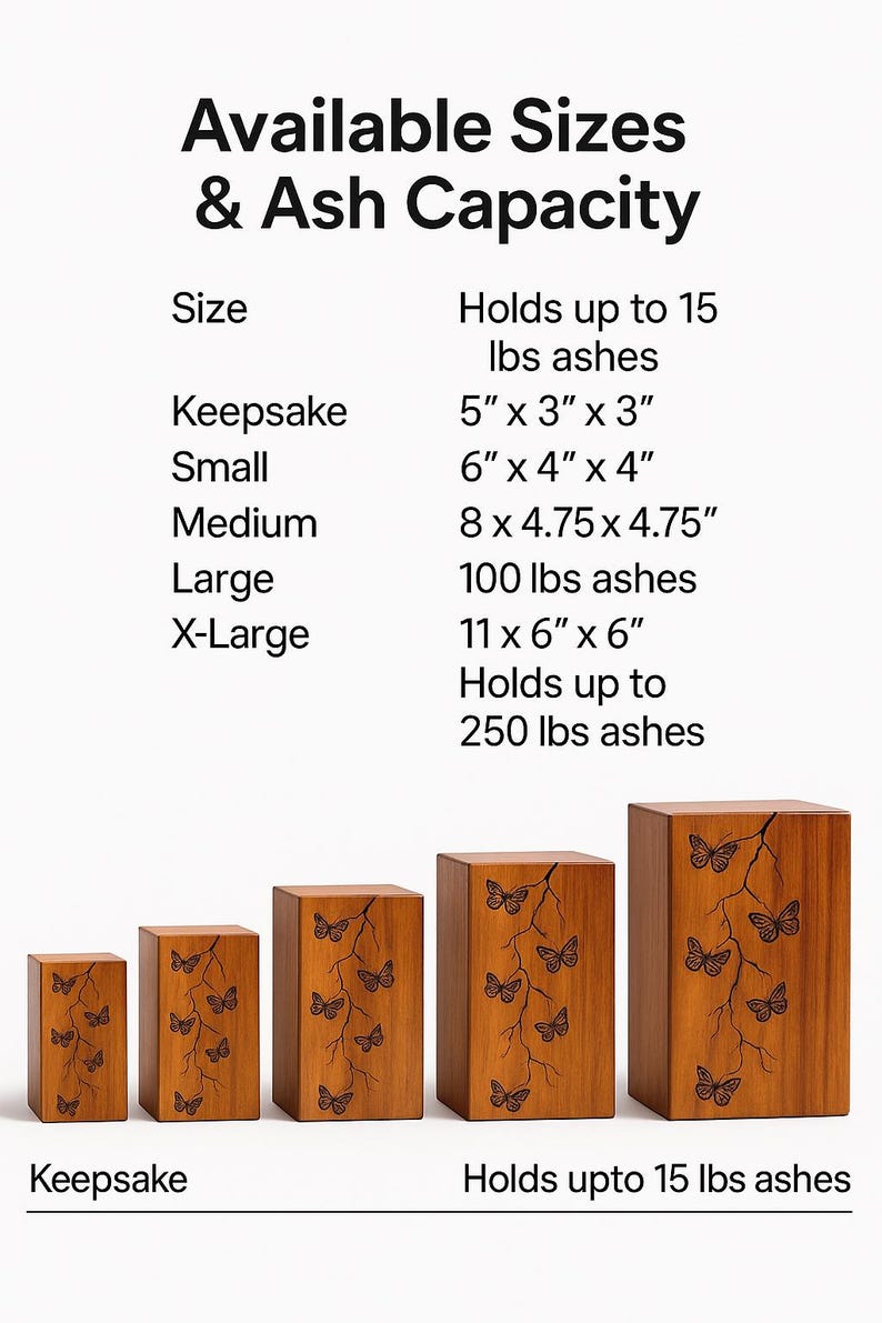Puede incluir: Urnas de madera de varios tama&ntilde;os, cada una con un dise&ntilde;o de mariposas y ramas. Los tama&ntilde;os var&iacute;an desde Keepsake (12.7cm x 7.6cm x 7.6cm) hasta X-Large (28cm x 15.2cm x 15.2cm). El texto superior dice "Tama&ntilde;os disponibles y capacidad de cenizas".