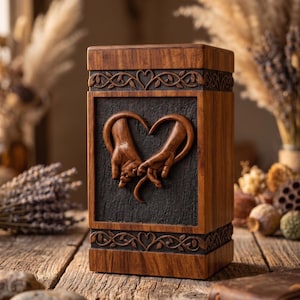 Può includere: Un'urna in legno con intagli intricati. Il pannello frontale presenta un cuore formato da due mani. L'urna è marrone con accenti scuri e poggia su una superficie di legno. Elementi floreali decorativi sono scolpiti sopra e sotto.