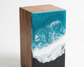 Handmade Wooden Urn with Ocean Resin Art – Sunset Beach Memorial Keepsake