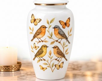 May include: A white ceramic cremation urn featuring a gold-toned lid and a decorative wrap-around illustration of four small birds perched on thin branches, interspersed with several orange and yellow butterflies among light brown leaves.