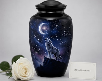 Cremation Urn for Ashes with Galaxy Night Sky & Moon Howling Wolf