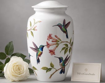 May include: A white ceramic cremation urn with a lid, featuring a colorful illustration of three hummingbirds and pink trumpet-shaped flowers on branches. A white rose and a small white card with the text ISEverGraceStudio are placed nearby.
