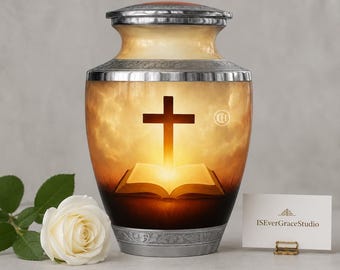 Cremation Urn For Ashes with Cross and Open Bible Design – Memorial Keepsake Funeral Urn
