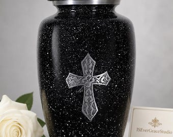Black Galaxy Metal Urn with Engraved Cross, Adult Cremation Memorial Keepsake