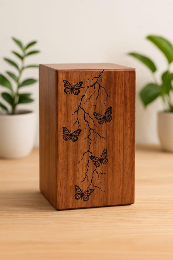 Handicraft Wooden Butterfly Engraved Sheesham Wood Urn – Handmade Unique Memorial Keepsake Urn Box