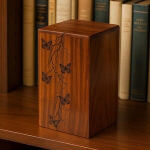 Puede incluir: Urna de madera rectangular con acabado marr&oacute;n oscuro. La parte frontal de la urna presenta un dise&ntilde;o grabado de mariposas y ramas. La urna se exhibe en una estanter&iacute;a de madera frente a una estanter&iacute;a.