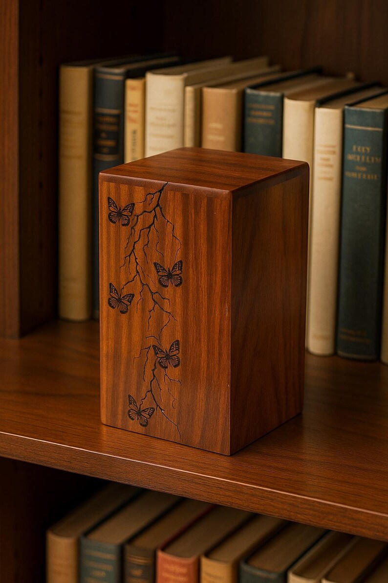 Puede incluir: Urna de madera rectangular con acabado marr&oacute;n oscuro. La parte frontal de la urna presenta un dise&ntilde;o grabado de mariposas y ramas. La urna se exhibe en una estanter&iacute;a de madera frente a una estanter&iacute;a.